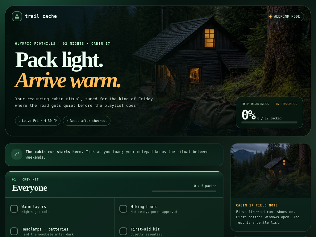 Weekend Cabin Packing List — page preview
