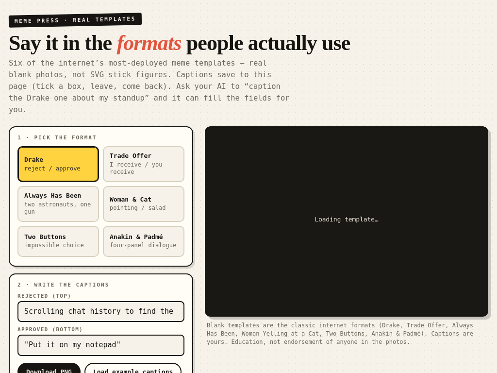 Meme Press — real templates, captions that stick — page preview