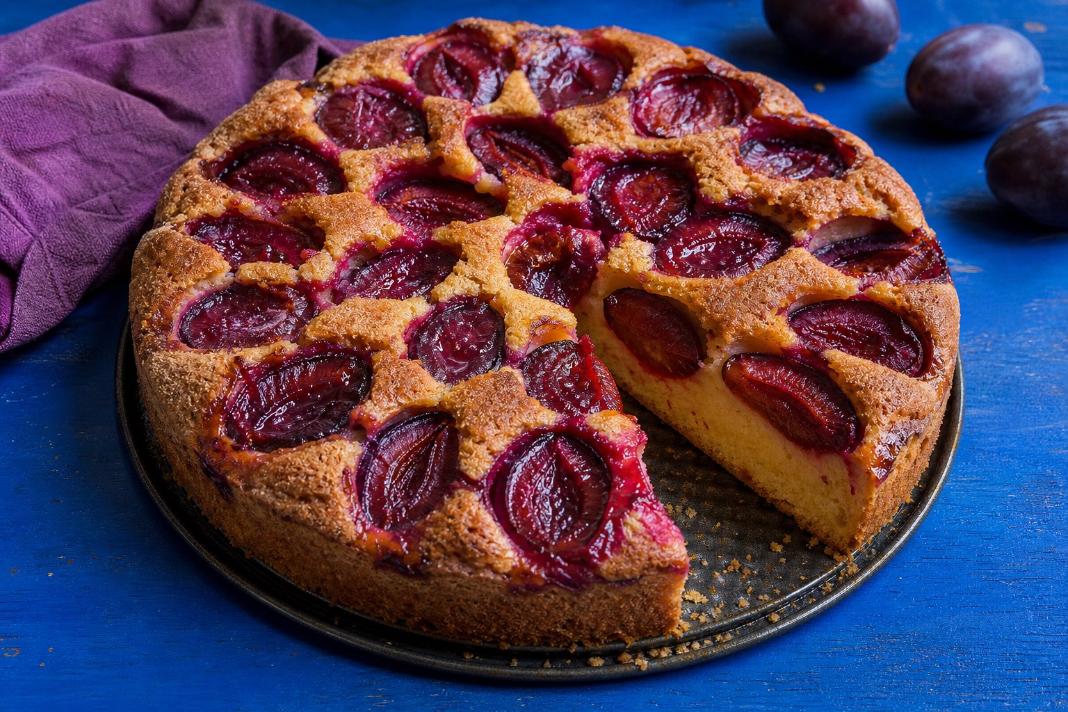 Plum torte with glossy purple fruit on a vivid blue table