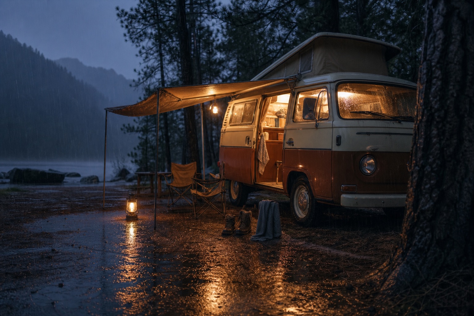 The family camper glowing warmly at a rain-soaked forest campsite on the last night