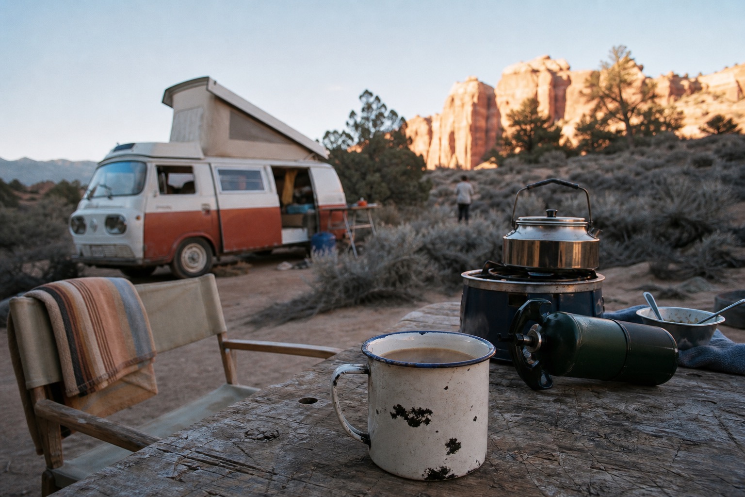 A chipped enamel mug and camp kettle at a desert campsite beside the family van