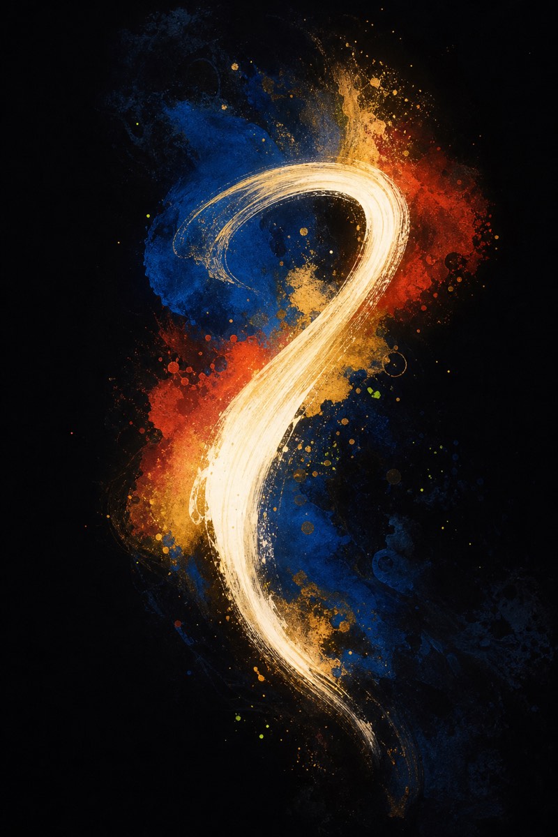 Abstract cobalt, ochre, and vermilion brushwork