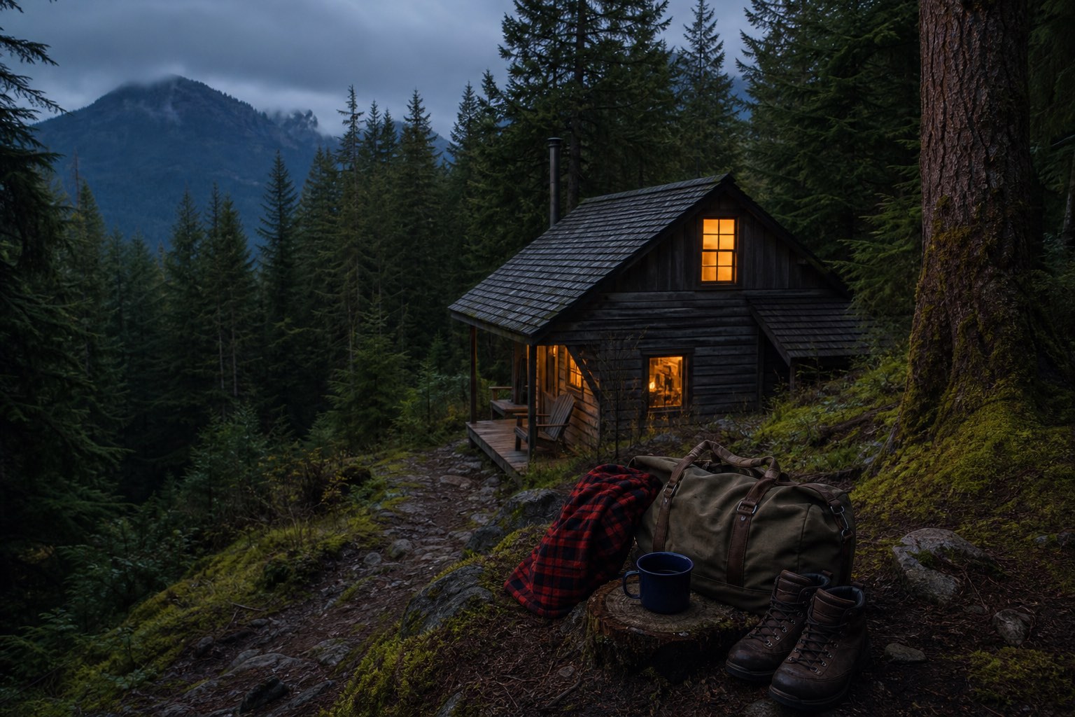 A warmly lit cabin in a deep evergreen forest at dusk