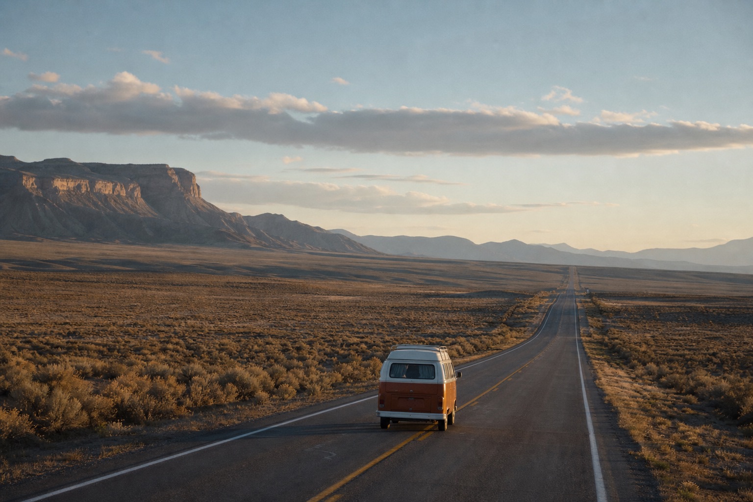 The family camper van traveling alone on a long empty highway through an open Western basin