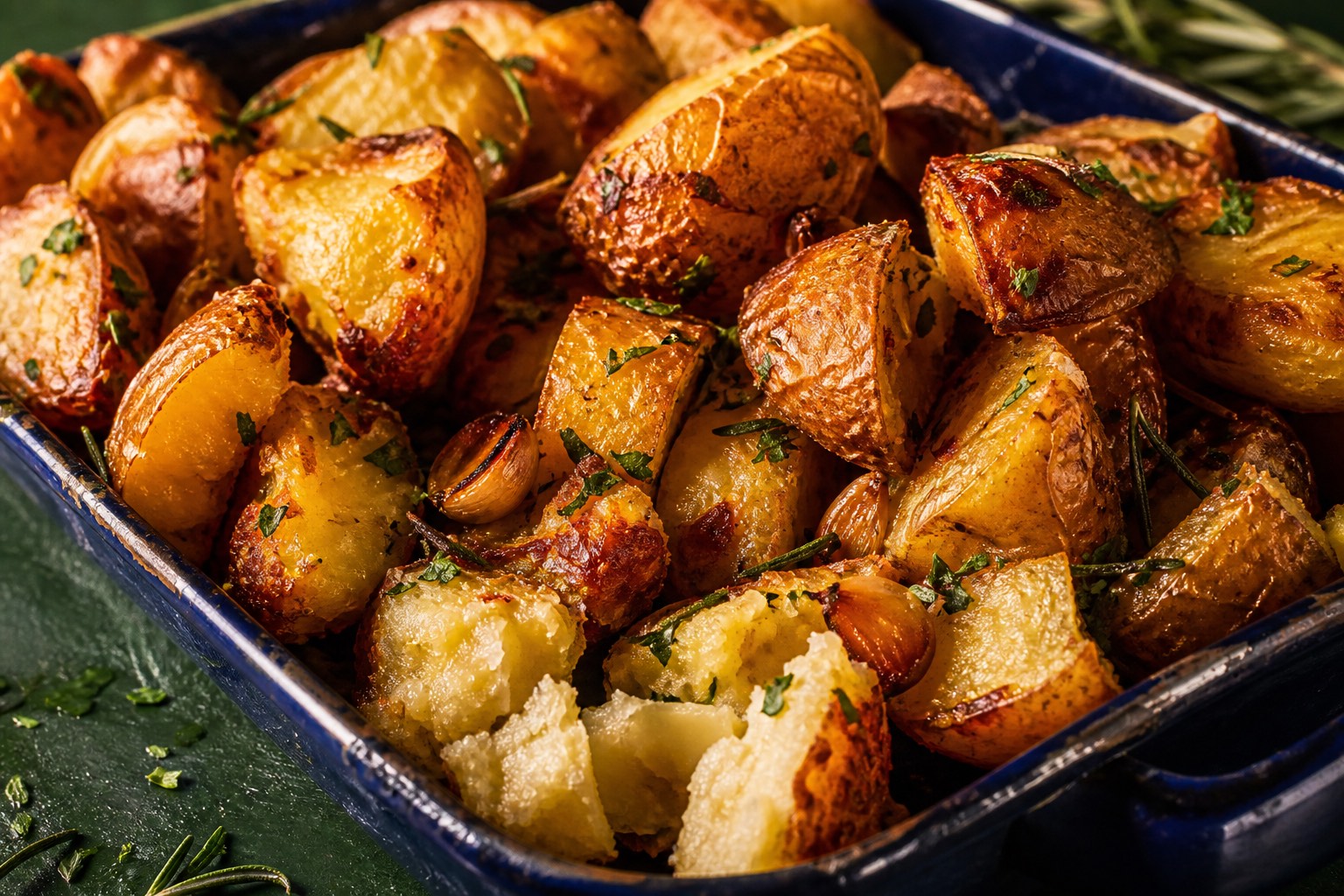 Deeply browned crisp roast potatoes with herbs in a blue roasting dish