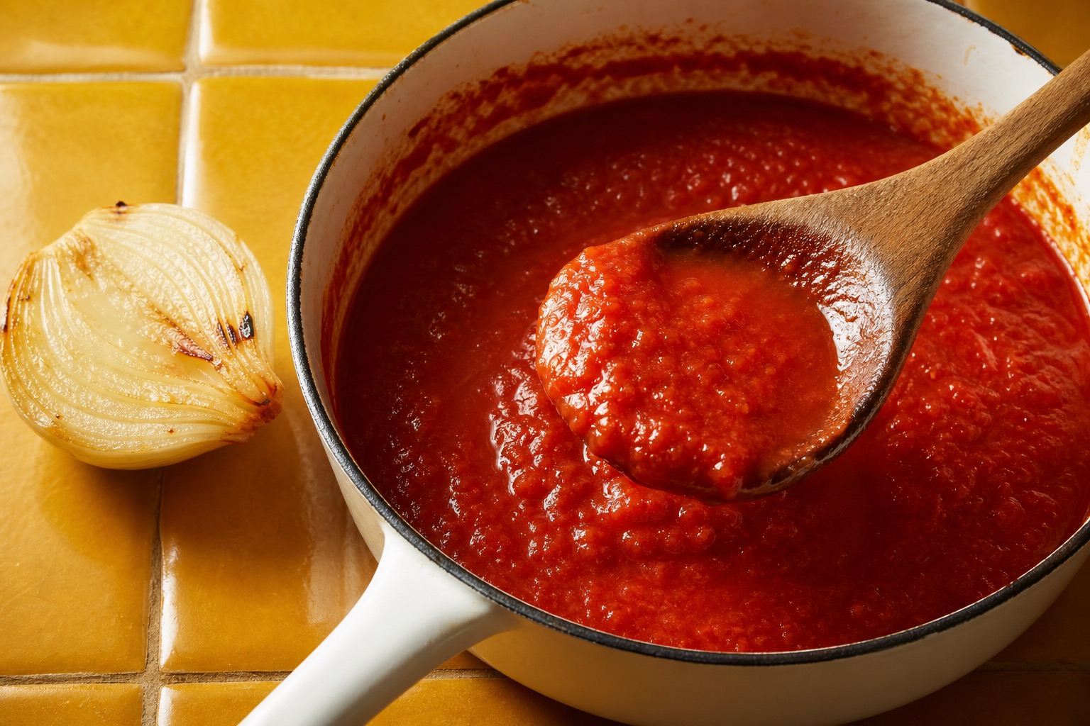 Brilliant red tomato sauce in a white pan on a yellow tiled counter