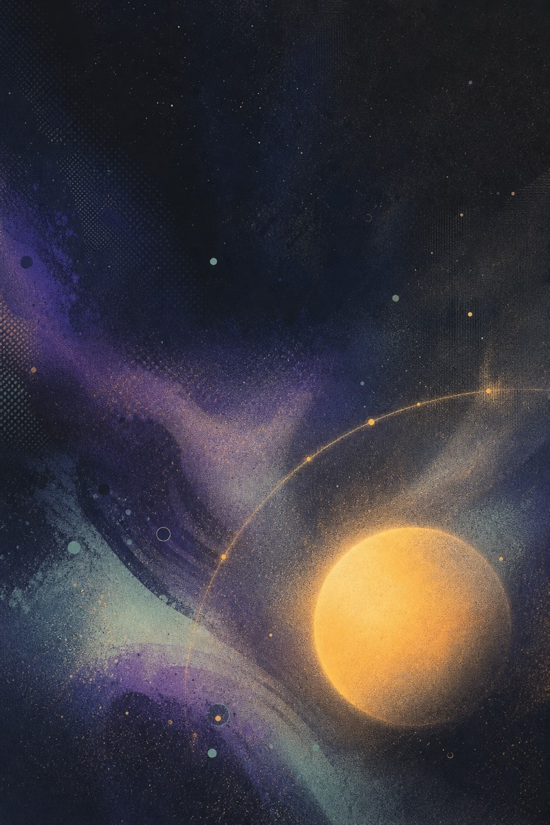Abstract indigo cosmos with an amber orb