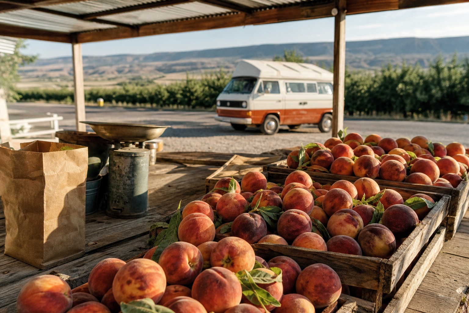 Ripe peaches in rough wooden crates at a roadside farm stand with the van beyond