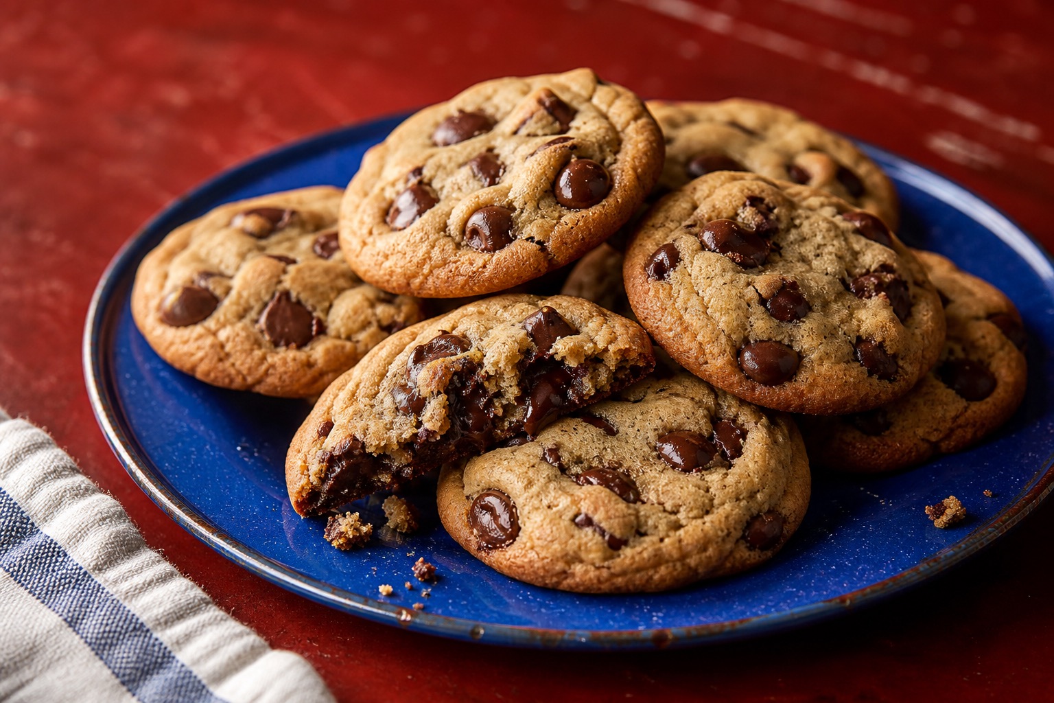 Golden chocolate chip cookies piled on a cobalt blue plate